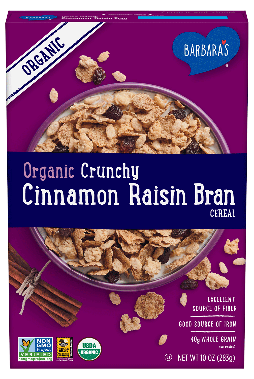 Barbara's Organic Crunchy Cinnamon Raisin Bran Cereal package